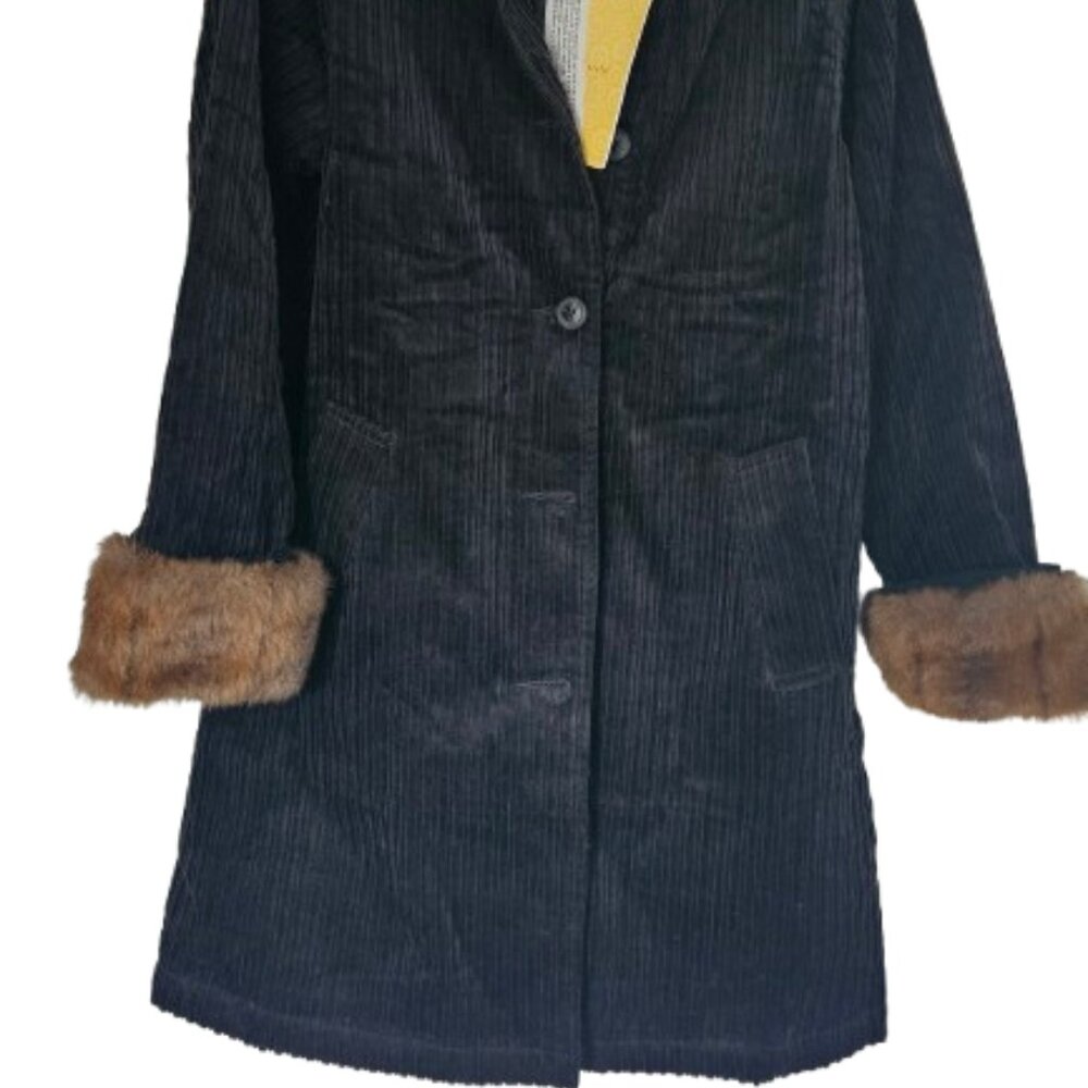 NWT Denim & Co Penny Lane Style Black Corduroy Coat Faux Fur Sz XS - Picture 2 of 15